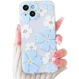 Lovmooful Compatible for iPhone 15 Plus Case Cute Clear Flower Floral Color Design for Girls Women Soft TPU Shockproof Protective Girly for iPhone 15 Plus-Blue&White Flower