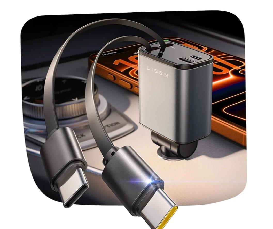 LISEN Retractable Car Charger USB C [Upgraded Dual Type C] 75W Fast 4 in 1 Car Charger for iPhone 17, Gifts for Him Her Men Women, Car Accessories for Galaxy S25 S26 Phone 17 17e Pro Max 16 15
