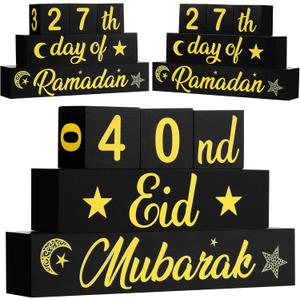 Chunful 5 Pcs Ramadan Calendar Block Set - Ramadan Advent Countdown Eid Calendar Countdown Blocks Wood Sign Mubarak Wooden Tabletop Ornament for Home Table Decor Islamic Months(Black and Gold)