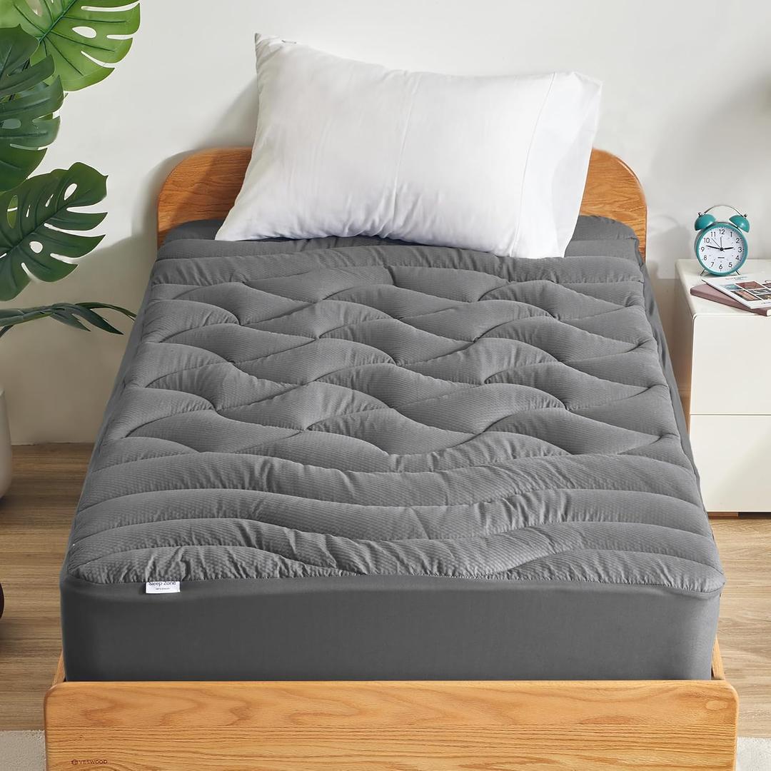 SLEEP ZONE Cooling Twin Mattress Topper for Single Bed, Premium Zoned Cool Mattress Pad Cover, Padded Mattress Protector Breathable Washable, Deep Pocket 8-21" (Grey, Twin, 45x70)