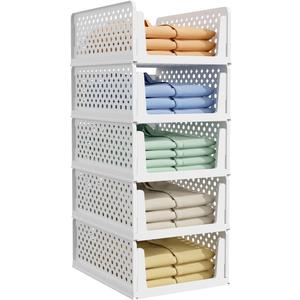 Kitsure 5-Pack Closet Organizers & Storage - Stackable Foldable Plastic Storage Drawers & Shelves,Space-Saving Multi-Purpose Closet Storage Containers for Wardrobe, Bedroom or Laundry Room (16.7" x 12.9" x 6.6")