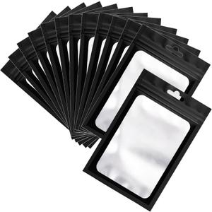 100 Pcs Resealable Mylar Bags, Sealable Odor Proof Foil Pouch Bag with Clear Window, Small Bussiness Packaging Supplies (Black, 4.7 X 7.9 Inch)