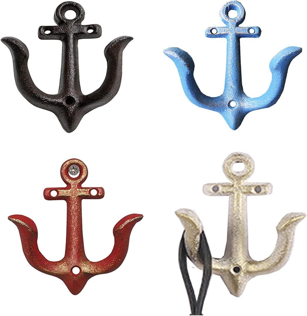 lemonadeus Cast Iron Nautical Anchor Wall Hooks Coat Hooks Rack,Coastal Decorative Wall Mounted Antique Chic Metal Keys Towel Coat Hooks Hanger (4 PCS)
