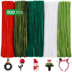 Yalumo Pipe Cleaners Craft Supplies, 500 PCS Green Pipe Cleaners Bulk, 12 Inch 5 Assorted Colors Fuzzy Chenille Stems Sticks Set, Soft Arts and Crafts Decorations, Creative Fun Stuff for Kids Adults
