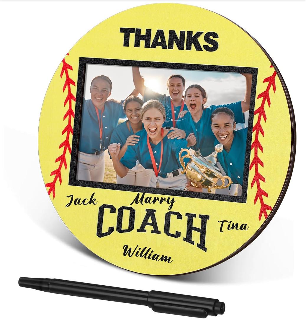 RattanView Sport Ball Picture Frame 4 x 6 Signable Thanks Coach Picture Frame with Pen Coaches Appreciation Photo Tabletop for Home Table Decorations Coach Team Birthday Gifts(Yellow,Softball,Round)
