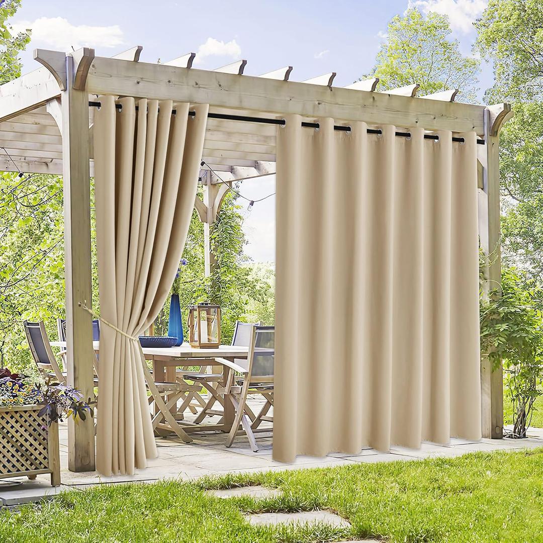 RYB HOME Extra Wide Outdoor Curtains 2 Panels - UV Protect Waterproof Privacy Outside Curtains for Patio Gazebo Balcony Lanai Porch Pergola Deck, Wide 105 x Long 108 inches, Biscotti Beige