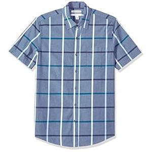 Amazon Essentials Men's Slim-Fit Short-Sleeve Plaid Casual Poplin Shirt, Denim, Large 