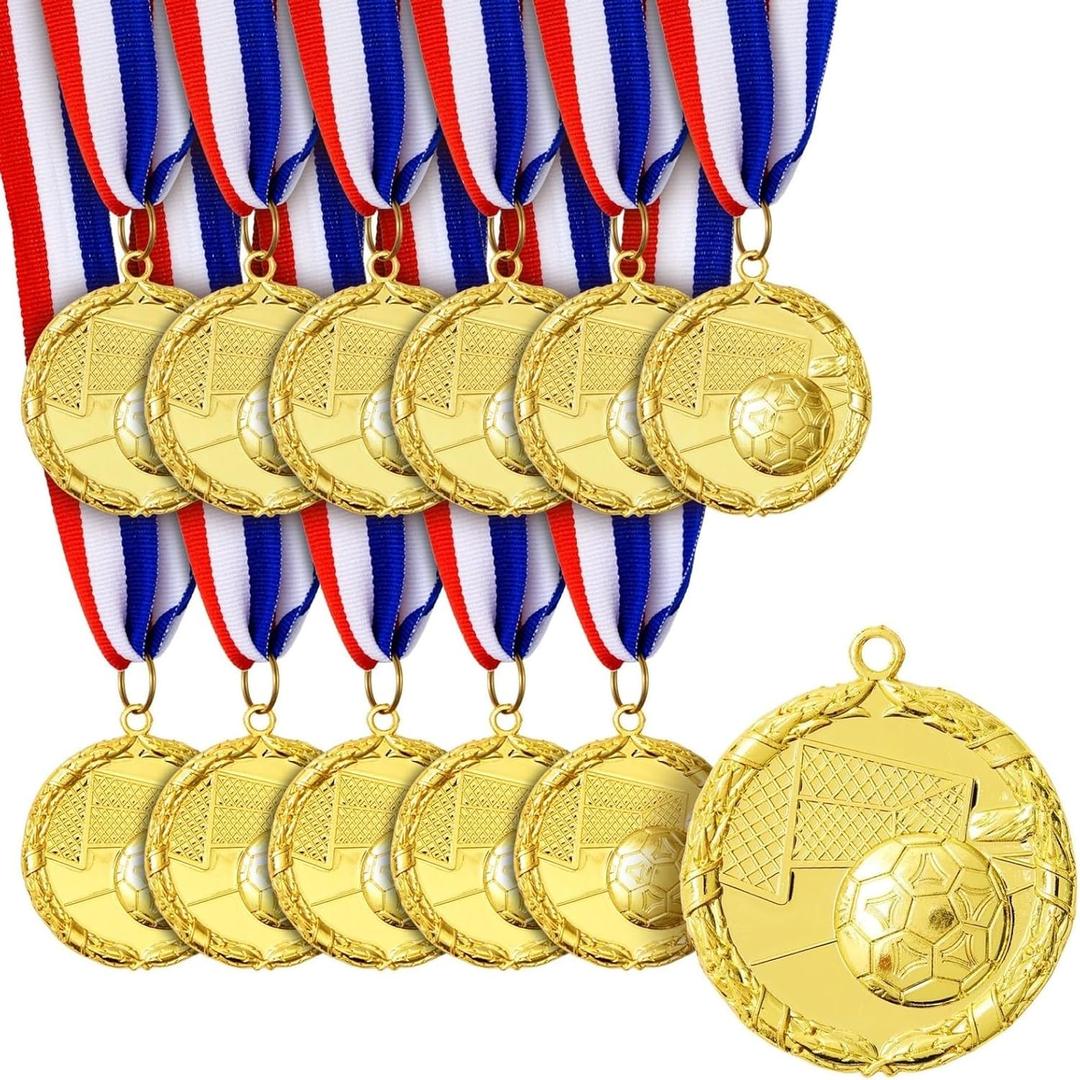 Juvale 12 Pack Award Medals for Adults - Team Participation Trophies with Red, White, and Blue Striped Ribbon, Sports Themed Party Favors (2 in, Metal, Gold)