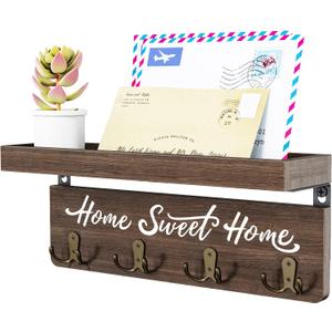 buways Wall-Mounted Key and Mail Holder, Wooden Key Rack with 4 Double Key Hooks, Rustic Home Decor for Entryway (Brown)