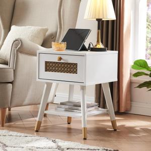 Small White Side Table for Living Room & Bedroom, Boho Nightstand with USB Ports & Outlets, Storage Drawer & Open Shelf, Mid Centry Style Furniture for Home Decor (15.8"W x 15.8"D x 21.7"H (Single))