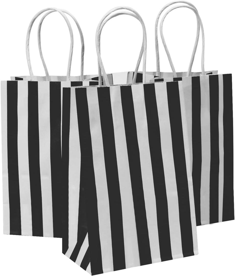 50Pcs Small Gift Bags, 5.25x3.25x8 Inches Black & White Striped Recycled Kraft Paper Bag with Handles Bulk for Christmas, Party Favors, Shopping, Goodie, Birthday, Retail, Halloween,Business,Gift Wrapping