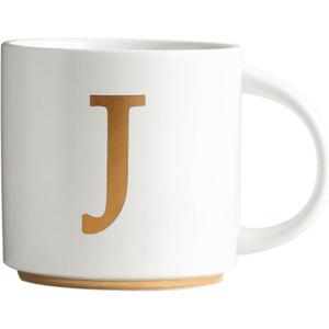 COLLECTIVE HOME - Monogram Ceramic Mugs, 15 oz Golden Initial Coffee Cups, Elegant Alphabet Tea Mugs, Elegant Personalized Mug with Gift Box, Unique Mug with Double Side Capital Letter (J)