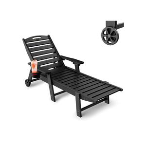 Lounge Chair Outdoor, Chaise Lounge Outdoor, HDPE 6-Position Lounge Chair for Outside, Patio Lounge Chair with Wheels & Cup Holder for Pool Poolside Deck Backyard, Black