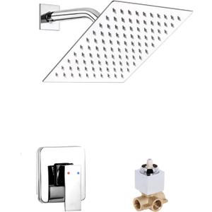 Chrome Shower Faucet GGStudy Single Function Shower Trim Kit with Rough-in Valve Shower Set Bath Rainfall Shower Faucet System 8inch Square Stainless Steel Metal Shower Head