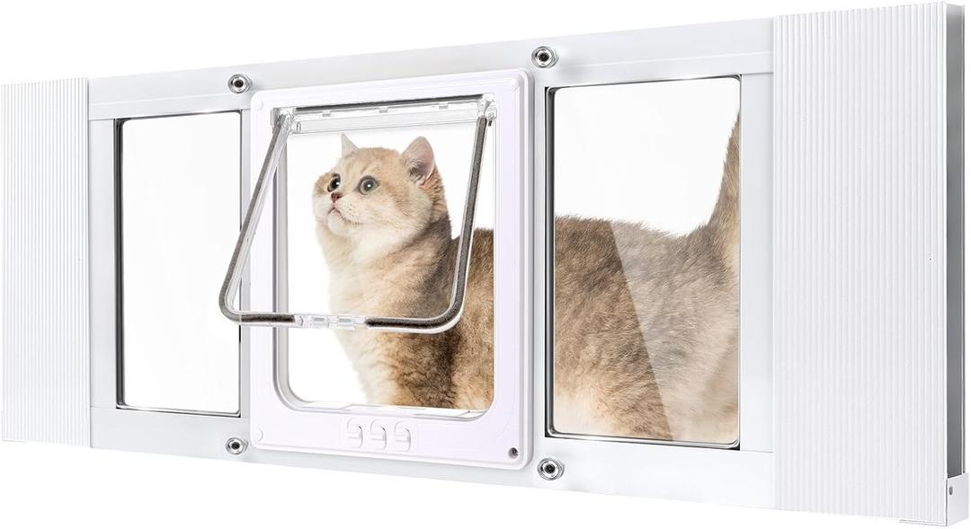 Cat Door for Window,3Min No-Damage Quick Install, Fits 35"-41" Width Windows, No Drilling Required Cat Window Door Insert, Aluminum Frame Pet Door for Window, 4 Lock Modes to Control Pet Access