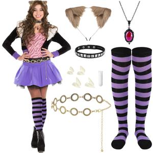 6 Pcs Halloween Costume Accessory Wolf Ears Necklace Choker Striped Sock Fake Teeth for Women Cosplay