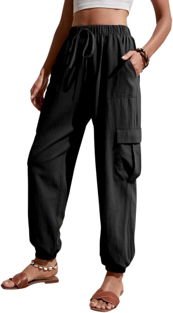 GUOLEZEEV High Waisted Jogger Pants Loose Hiking Joggers for Women Casual Lightweight Tapered Cargo Pants with Pockets (Black, L)