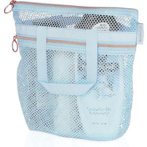 DV Lifestyle Mesh Shower Bag 10.2x9.9'' Quick-Dry Caddy with Zipper & 2 Pockets. Portable Toiletry Tote for Bathroom, Gym, Travel, Camp, Beach, for Sunscreen, Dorm & College Essentials (Blue)