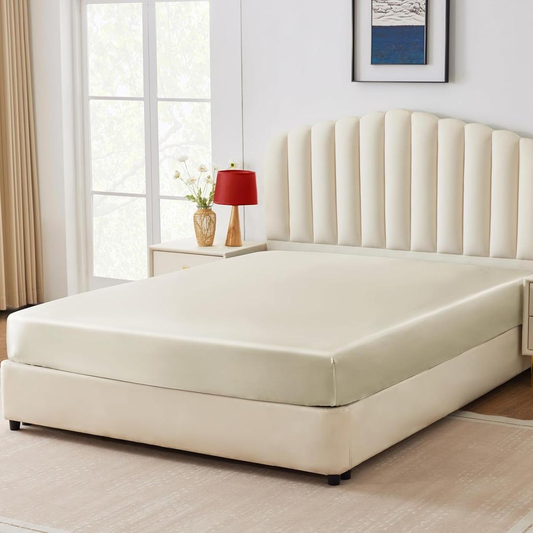 CozyLux Satin Fitted Sheet Twin Size, Beige Silky Satin Bed Fitted Sheet Only with Silky Microfiber, Deep Pocket, Single Bottom Sheet Sold Separately, Breathable, Smooth and Soft