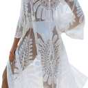 Blooming Jelly Womens Bathing Suit Cover Up 3/4 Sleeve Mesh Swimsuit Coverup Long Floral Beach Lace Kimono Summer Cardigan (One Size, White)