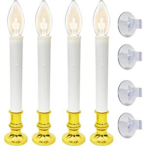 4 Pack Christmas Battery Operated Window Candles with Timer (6-18H), Wireless Window Candle Light with Gold Candlestick Base, C26 LED Bulb Candle Lamp for Home Party Christmas Decor, 4 Suction Cups