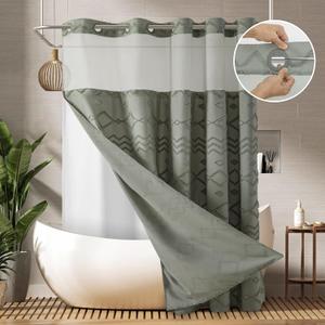 No Hooks Required Boho Farmhouse Shower Curtain Tufted Chevron Striped with Snap in Liner - 72W x 80H, Water Resistant Hotel Grade Spa Like Bathroom Curtain Set, Grey