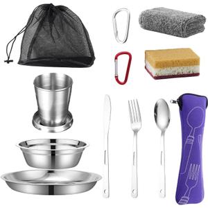 Scout Camping Mess Kits Stainless Steel Utensils Camping Dinnerware Kit Boy Scout Dishes Set Girl Scout Mess Kit with Mesh Bag Camping Cutlery Set Travel Trip School Camp Easy to Carry Clean