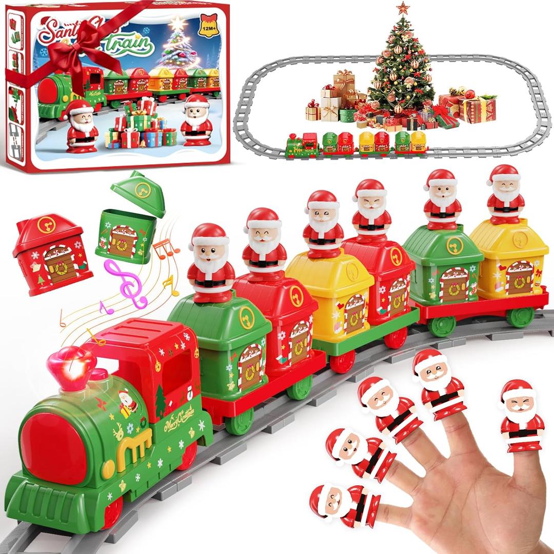 Train Set for Toddlers 2-4, Christmas Train Sets for Around The Tree, Toddler Toys for 1 2 3 Year Old Boy Girl, Christmas Tree Train with Music, Light, Tracks, Puppet, Barn, Toddler Gifts Christmas (Red)