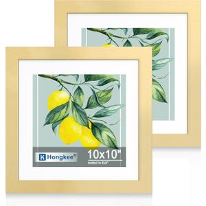 Hongkee 10x10 Picture Frame Set of 2, Made of Real Glass and Gold Wooden Frame - Display Square 8x8 with Mat or 10x10 Without Mat, 10 by 10 Photo for Wall or Tabletop