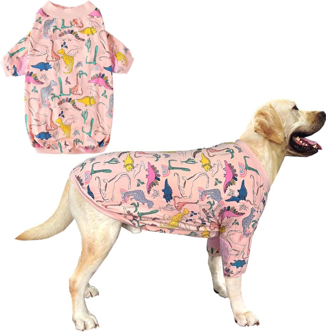 Dog T Shirts Cotton Dinosaur Pattern Prints Shirt Pajamas Pets Breathable Stretchy Clothes for Extra Large Dogs (2XL,Pink Dinosaur)