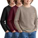 3 Pack Boys Waffle Long Sleeve T-Shirts 13-14 Years Kids Thermal Pocket Crew Neck Tops Youth Fall Warm Shirts Tees (Khaki, Wine Red, Black)