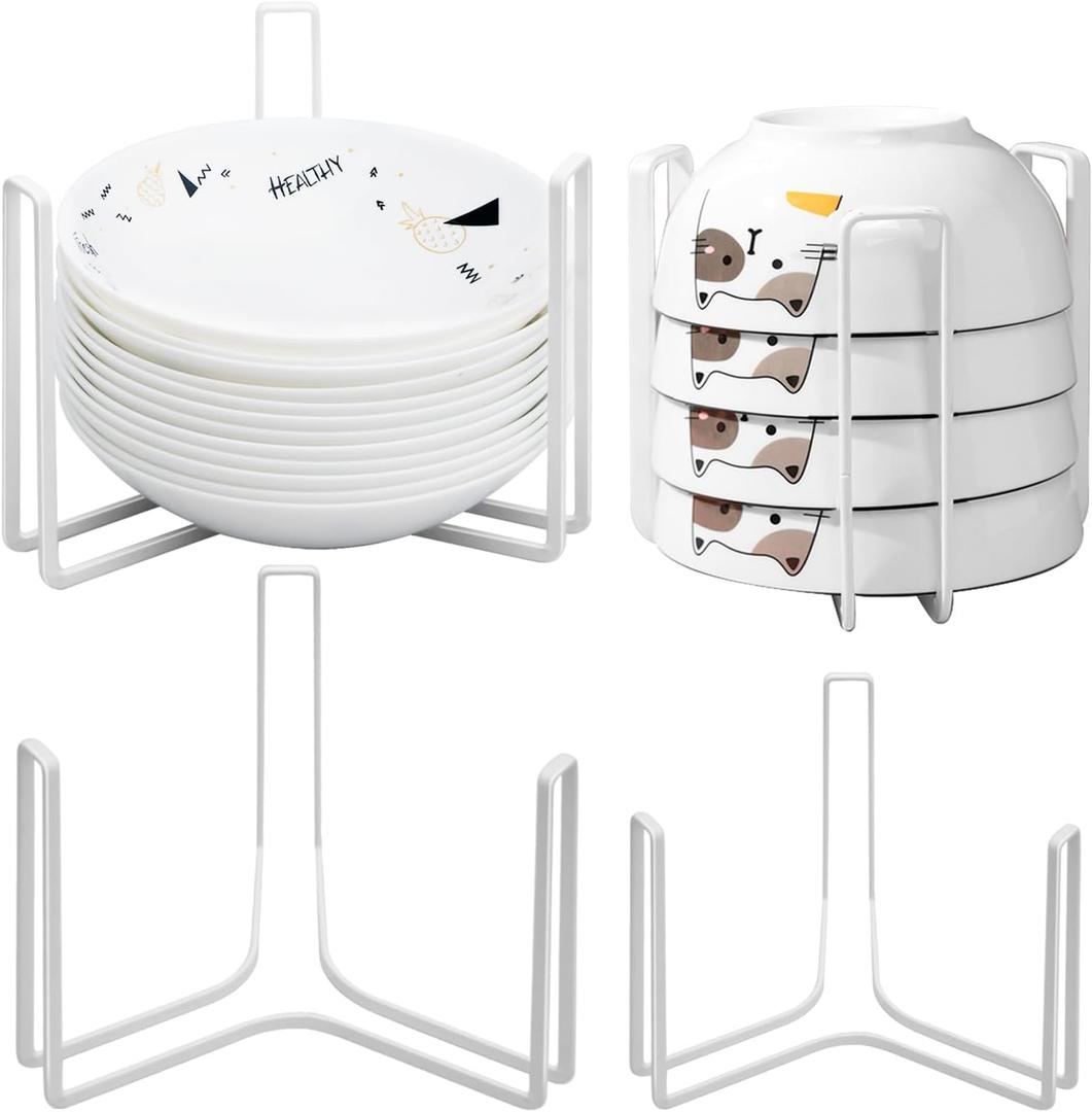 Dinnerware Bowl Plate Holder Fit for 6.5 Inches Diameters Bowl, Metal Bowl Storage Dying Display Rack for Kitchen Drawer, Countertop, Cabinet, Shelf, Cupboard (White, Small 2PCS+Large 2PCS)
