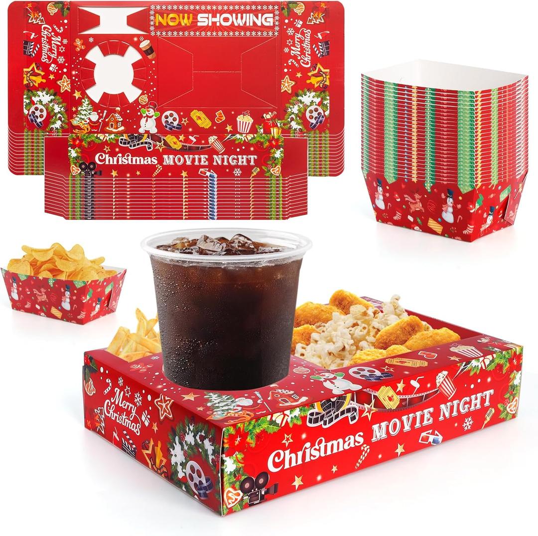 48 Pcs Christmas Party Supplies Movie Night Paper Snack Trays Xmas Party Decorations Christmas Birthday Favors Snowman Family Movie Popcorn&Drink&Candy Box