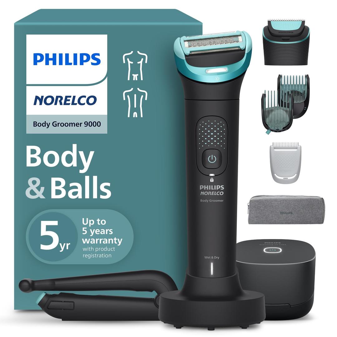 Philips Norelco Body Groomer 9000 Series, Body Hair Trimmer for Men & Intimate Shaver System with UV Cube Cleaner & Adjustable Back Attachment, 100% Showerproof, BG9480/50