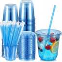 Ziliny 50 Sets Clear Round Bottom Plastic Cups with Lids and Straws, Cute Disposable Drinking Coffee Cups, for Christmas Valentine's Galentine's Day Party Wedding Birthday Supplies (12oz,Blue)