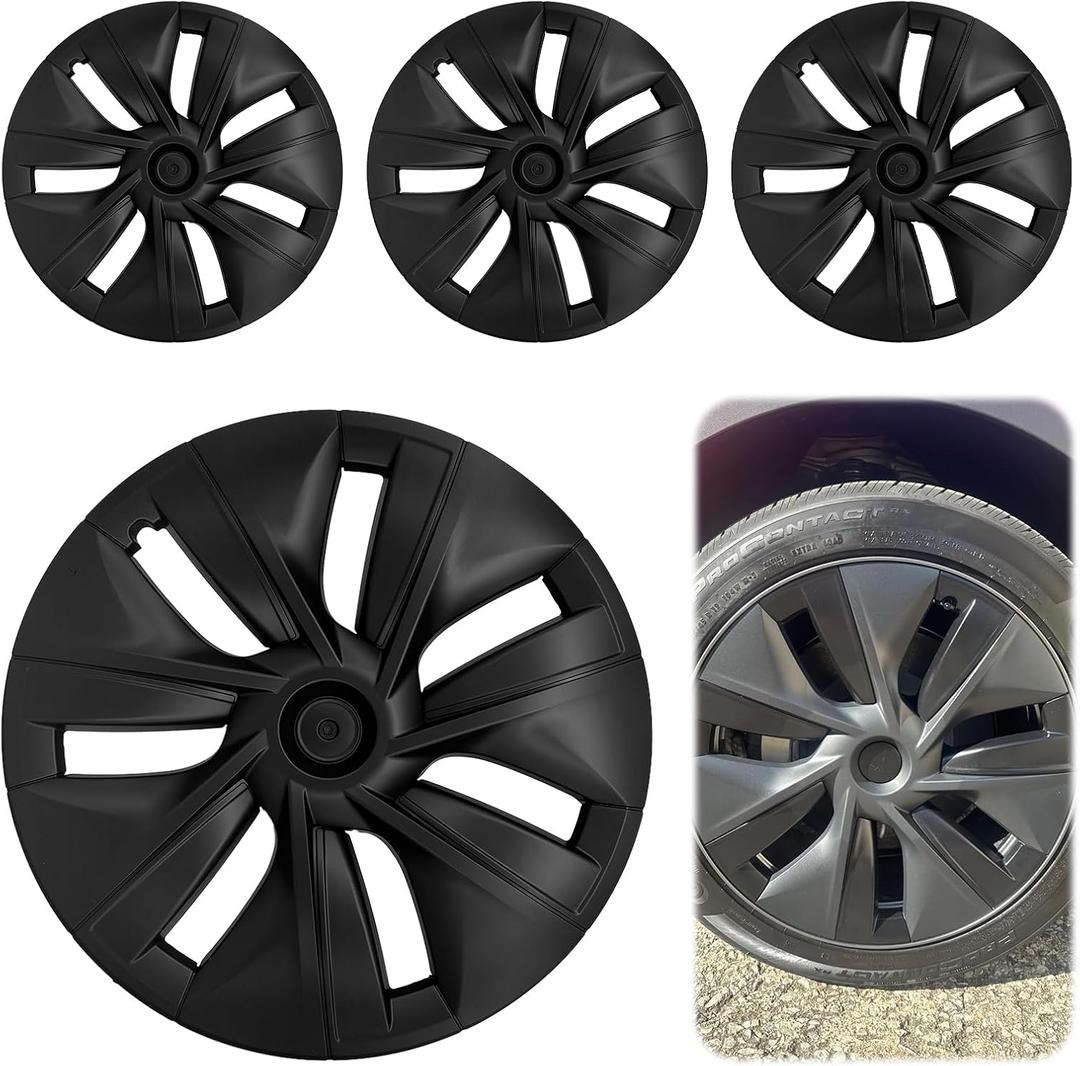 Tesla Model Y Wheel Covers 20202024, Full Fit Hubcaps with Left-Right Aero Symmetry, Matte Black ABS+PC, Reduced Wind Drag, Snap-On Install, Includes Tire Repair Kit (19 Inch 7-Spoke)