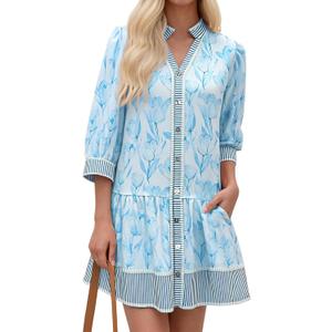 Wenrine Women's Floral Boho Mini Dress 3/4 Long Sleeve V Neck Casual Button Down Shirt Dresses (Blue, S)