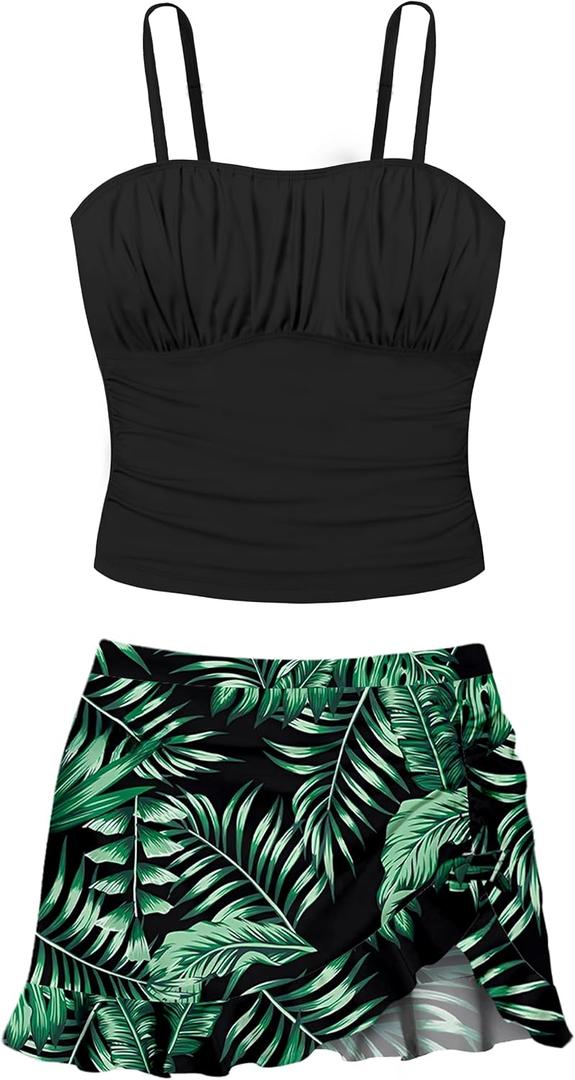 Girls Tankini Swimsuits Two Piece Tropical Print Pleated Bathing Suit with Ruffle Drawstring Skirt Swimwear 9-16T (15-16 Years)