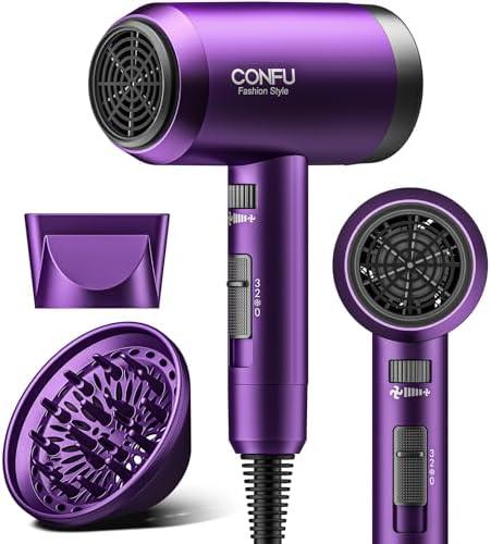 Hair Dryer with Diffuser, CONFU Ionic Blow Dryer 1600W, Portable Lightweight Fast Drying Negative Ion Hairdryer, 3 Heat Settings with Diffuser and Concentrator Nozzle for Home & Travel