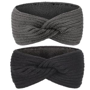 AQOKKA Knit Winter Headbands for Women Fuzzy Wool Fleece Lined Ear Warmers Elastic Turban Crocheted Head Wrap Winter Accessories for Women Cold Weather (2 Pcs Knitted Cross: Black, Dark Gray)