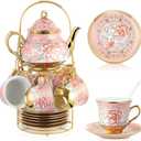 Zhehao 20 Pcs Porcelain Tea Set with Metal Holder and Spoon Adult Ceramic Tea Set European Flower Painting Teapot Cup Saucer Spoon for Women, Large Version (Pink Style)
