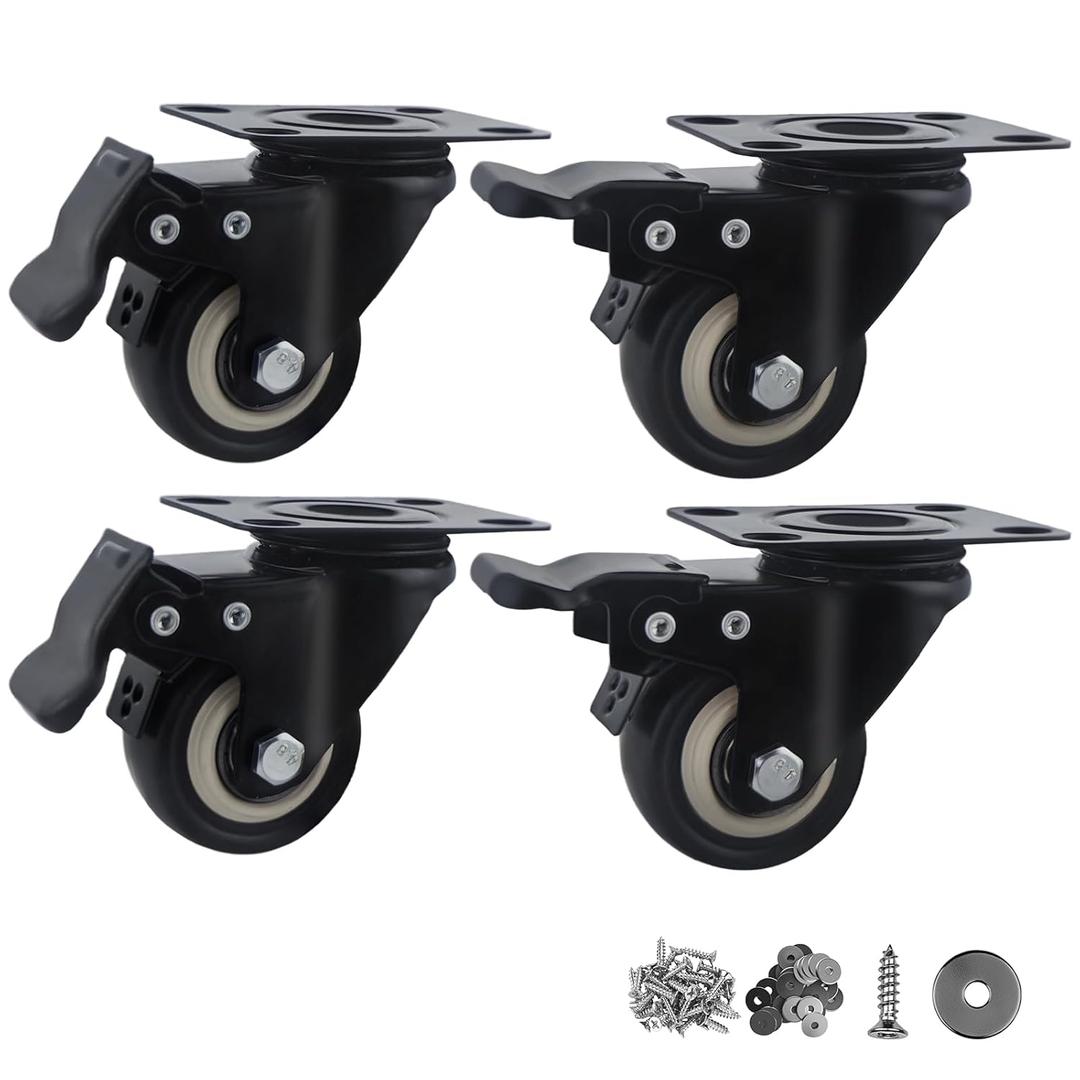 2 Inch Wheel Casters,Set of 4 Heavy Duty Casters,with Brake,No Noise Locking Polyurethane (PU) Wheels, for Furniture and Workbench Load 800lbs