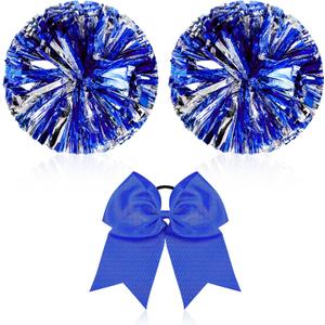 Hanaive 3 Pcs Cheerleading Pom Poms and Large Cheerleader Hair Bow Metallic Cheer Supplies for Team Spirit Sports Dance Cheering (Blue Silver Pom)