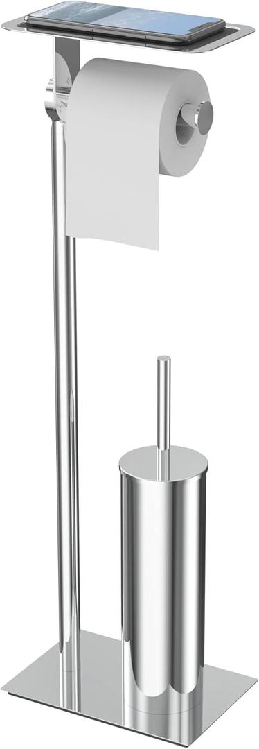 WZKALY Toilet Paper Holder Stand, Free Standing Toilet Paper Holder with Shelf for Bathroom, Stainless Steel Chrome Toilet Tissue Holder with Brush and Holder Set, Weighted Base