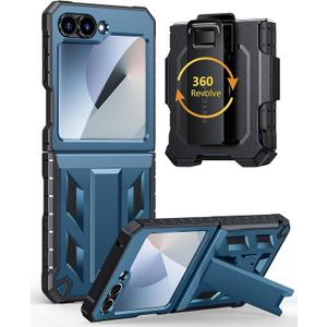 FNTCASE for Samsung Galaxy Z-Flip-6 Case: Military Grade Protection Shockproof Cell Phone Cover with Belt Clip Holster & Kickstand | Protective Drop Proof Rugged Case for Z Flip 6 5G 2024-Blue