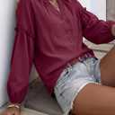 Womens V Neck Button Down Tops Puff Long Sleeve Tunic Blouse Dressy Loose Fit Basic T Shirt Business Casual Work Tops (Red, M)