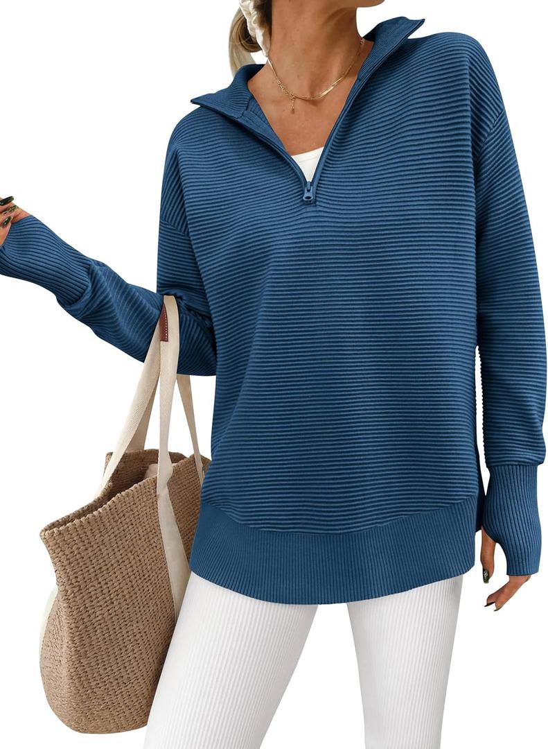 PRETTYGARDEN Womens Long Sleeve Quarter Zip Pullover Sweater Casual Loose V Neck Collared Ribbed Knit Jumper Tops Thumb Hole (X-Large, Dark Blue)