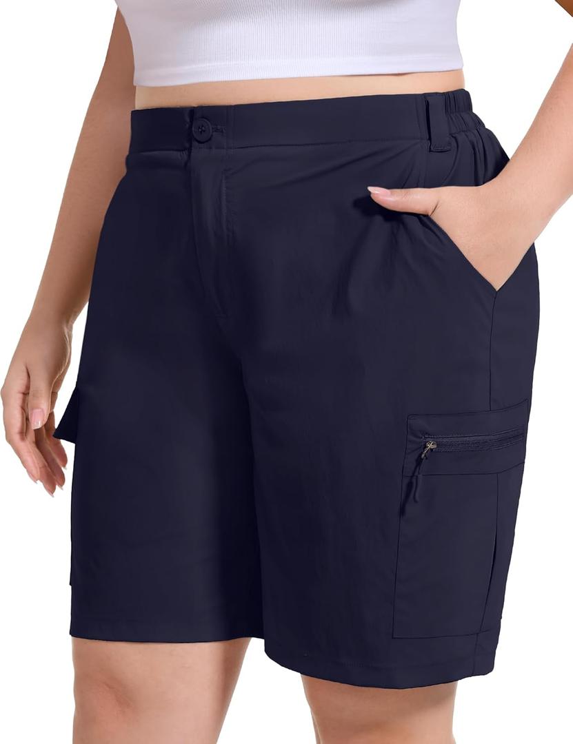 FOREYOND Women's Plus Size Golf Shorts Quick Dry 9'' Hiking Cargo Shorts Athletic Casual Summer Bermuda with Pockets (XX-Large Plus, Navy Blue)