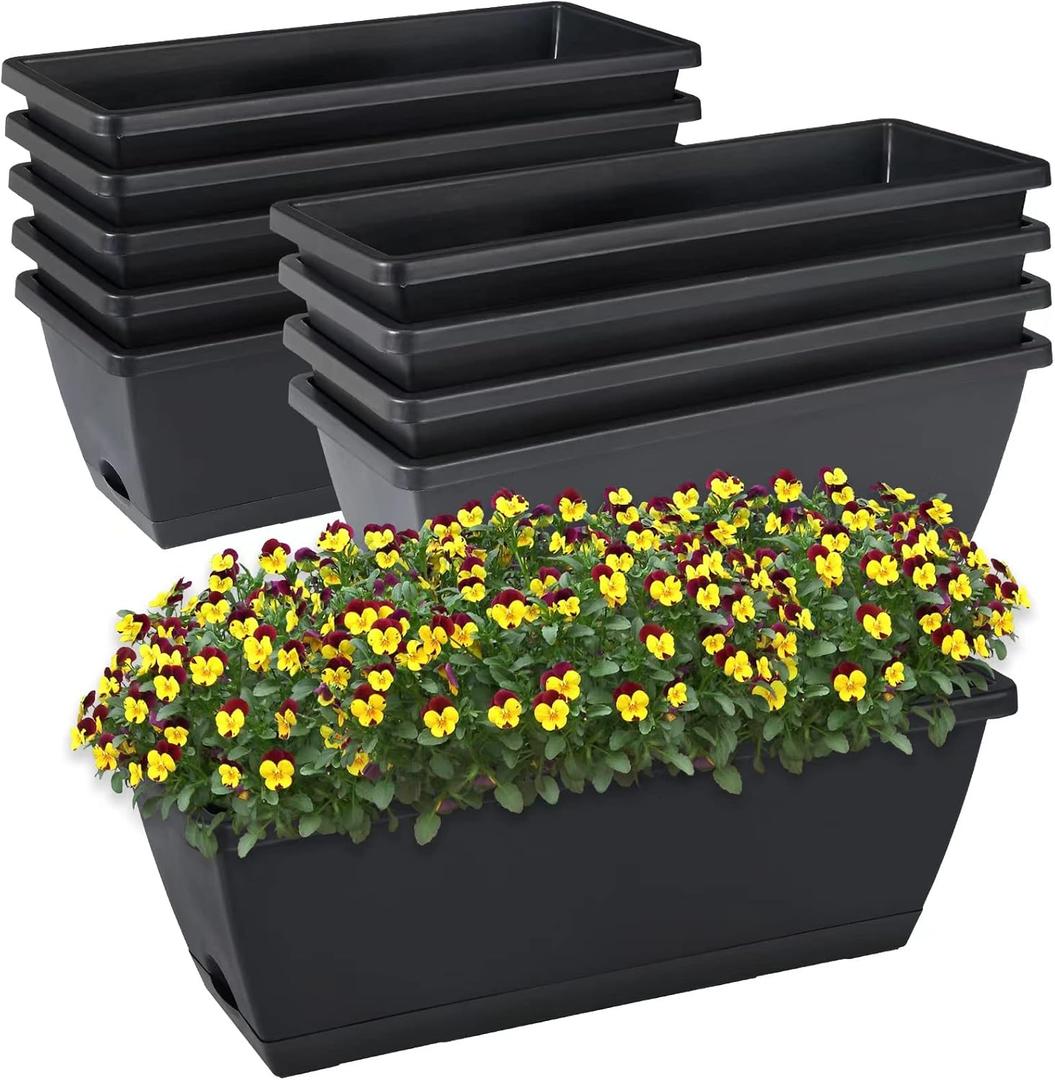Window Box Planter, 10 Pack Plastic Vegetable Flower Planters Boxes 17 Inches Rectangular Flower Pots with Saucers for Indoor Outdoor Garden, Patio, Home Decor (Black)