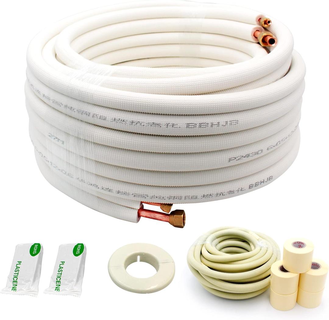 50ft Length Mini Split Line Set,1/4" 5/8" OD Copper Pipes Tubing and 3/8 White PE Thickened Insulated Coil with Flared Nuts for Mini Split Air Conditioner HVAC or Heat Pump System (50FT(1/4+5/8))